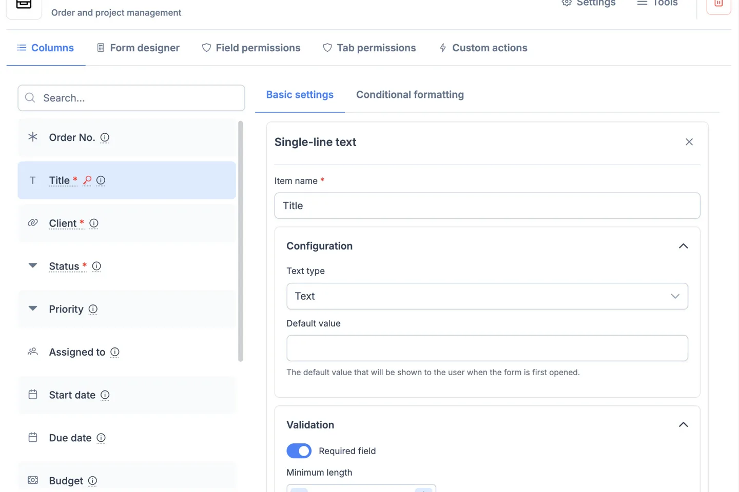 Portiny app screenshot – visual module and form builder with drag-and-drop editor